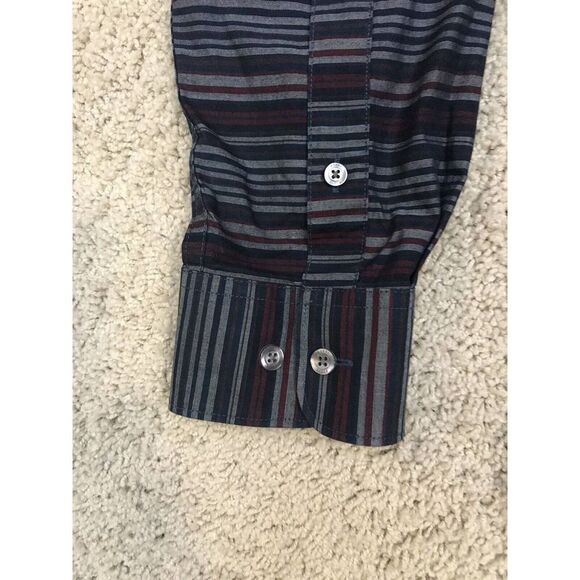 Perry Ellis Mens Button Down Shirt Dress Shirt Size XL Striped Dark Long Sleeve - Picture 6 of 9